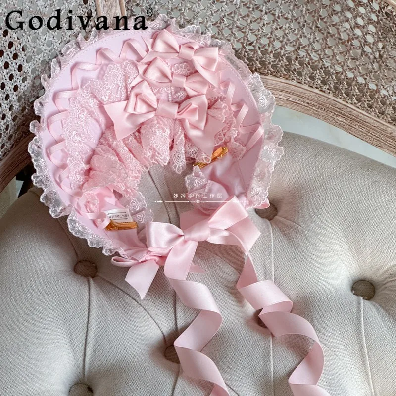 

Christmas New Year Bnt Lolita Bonnet Cap Women Lace Black Gothic Vintage Headband Girls Original Handmade Lace Headwear