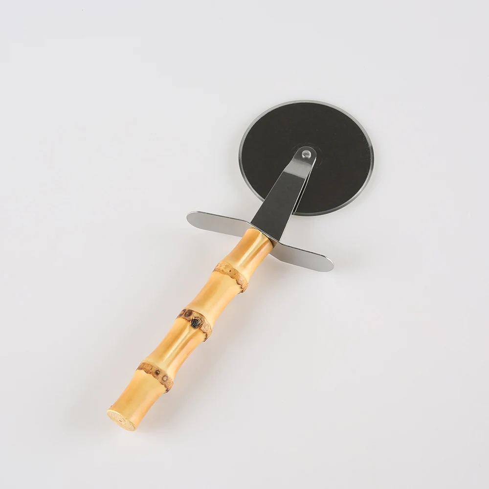 Kitchen Baking Tool Stainless Steel Natural Bamboo Root Wooden Handle Dessert Pies Cheese Bread Roller Slicer Pizza Wheel Cutter