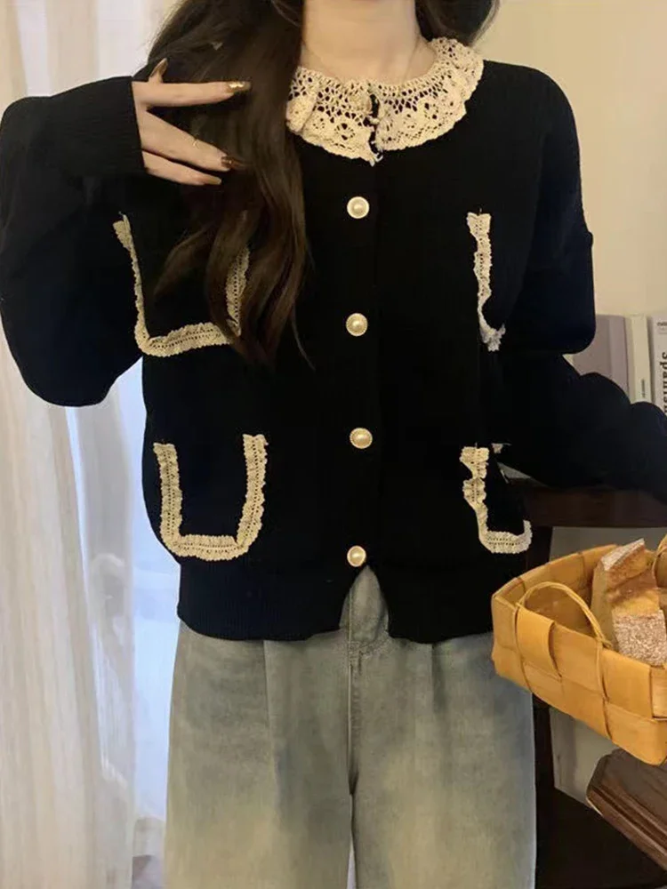 

Sweet Knitted Cardigan Women Korean Fashion Lace Ruffle Patchwork Sweater Female Autumn Winter Long Sleeve Casual Knitwear