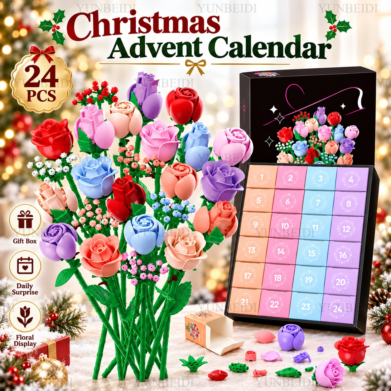 24-Fächer Weihnachts-Adventskalender Blumenstrauß DIY Countdown-Geschenkset Plastik-Blumendekoration für Zuhause, Party und Feiertagsdekoration