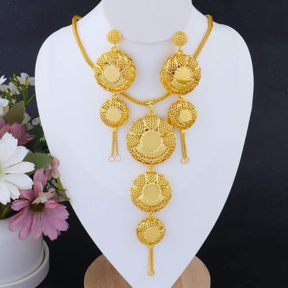 

New Fashion Dubai Gold Color Jewelry Set For Women Stainless Steel Tassel Arab Luxury Necklace Earrings For Party Wedding Gifts