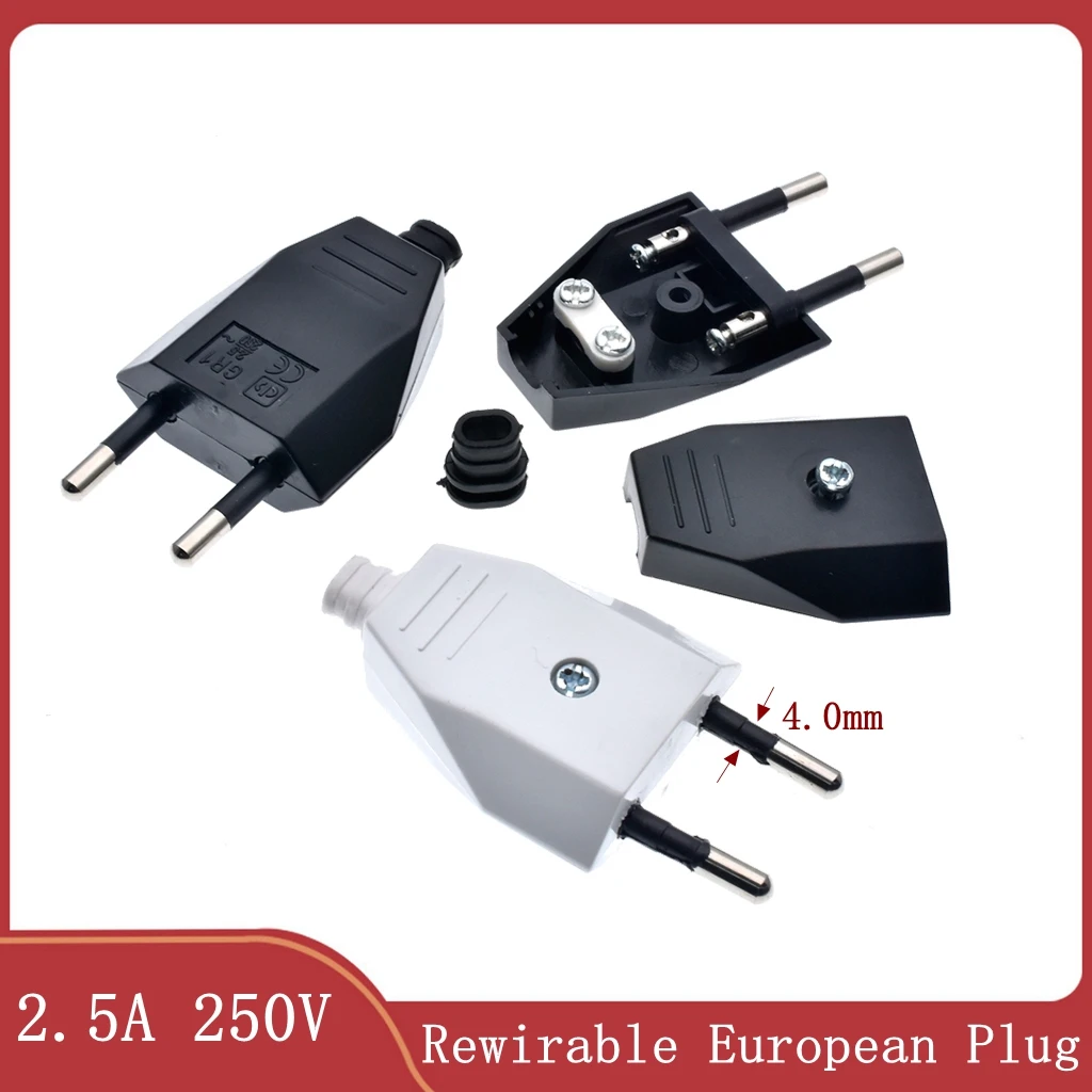 Rewirable（4.0mm) European Plug 250V 2.5A CE 2 Pin Wireless Male Plug For DIY Power Cord