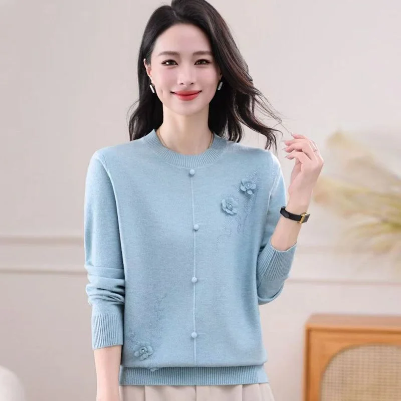 Maglione ricamato alla moda lavorato a maglia nuovo da donna autunnale Top base ampio a maniche lunghe