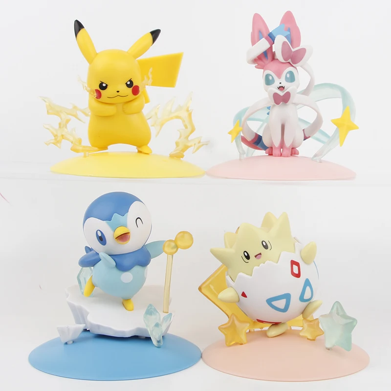 4pcs/set Pokemon Figures Pikachu Sylveon Togepi Piplup, 8-10cm Cute Anime Model Collection for Kids Gift