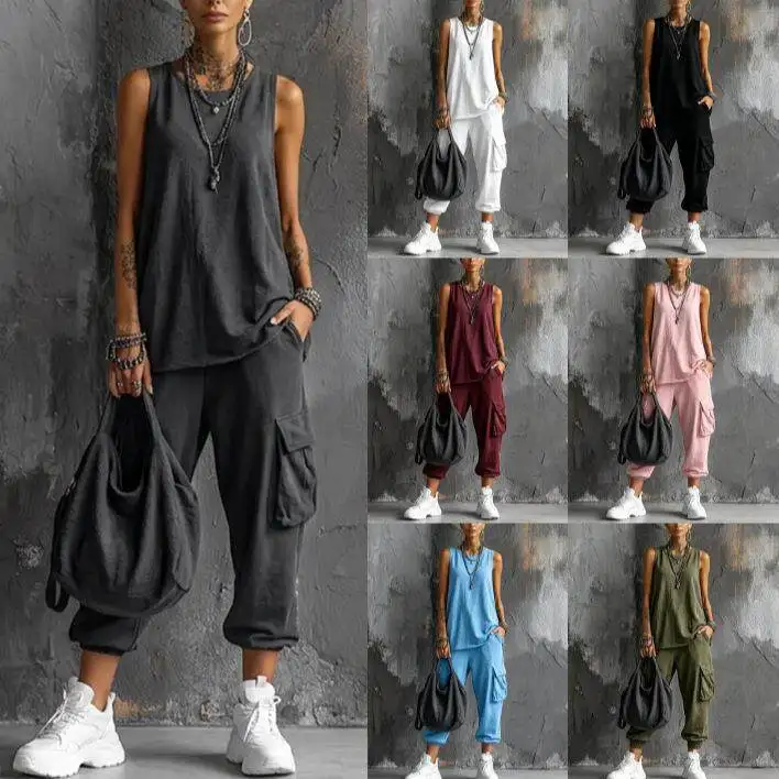 

Spring Summer 2026 Casual Knitted round Neck Vest And Seven Pants Women's Set European Style Low Waist PVC Fabric Leisure Scene