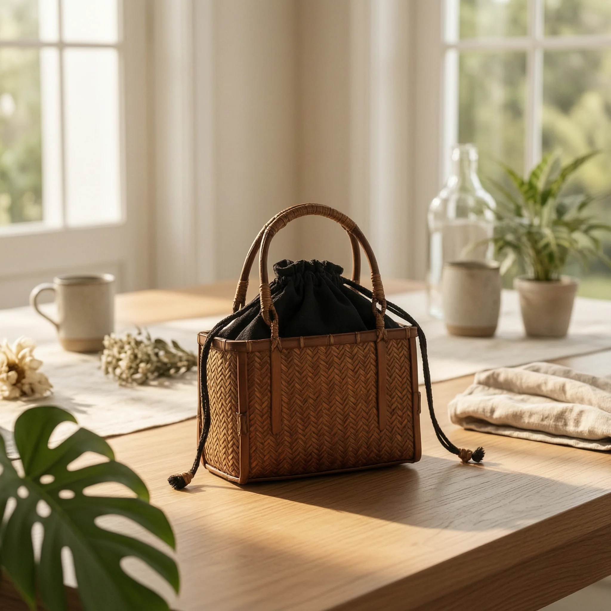 Handcrafted Bamboo Carry Box with Woven Panels Vintage Handbag with Bamboo Handle Fashionable for Tea Storage
