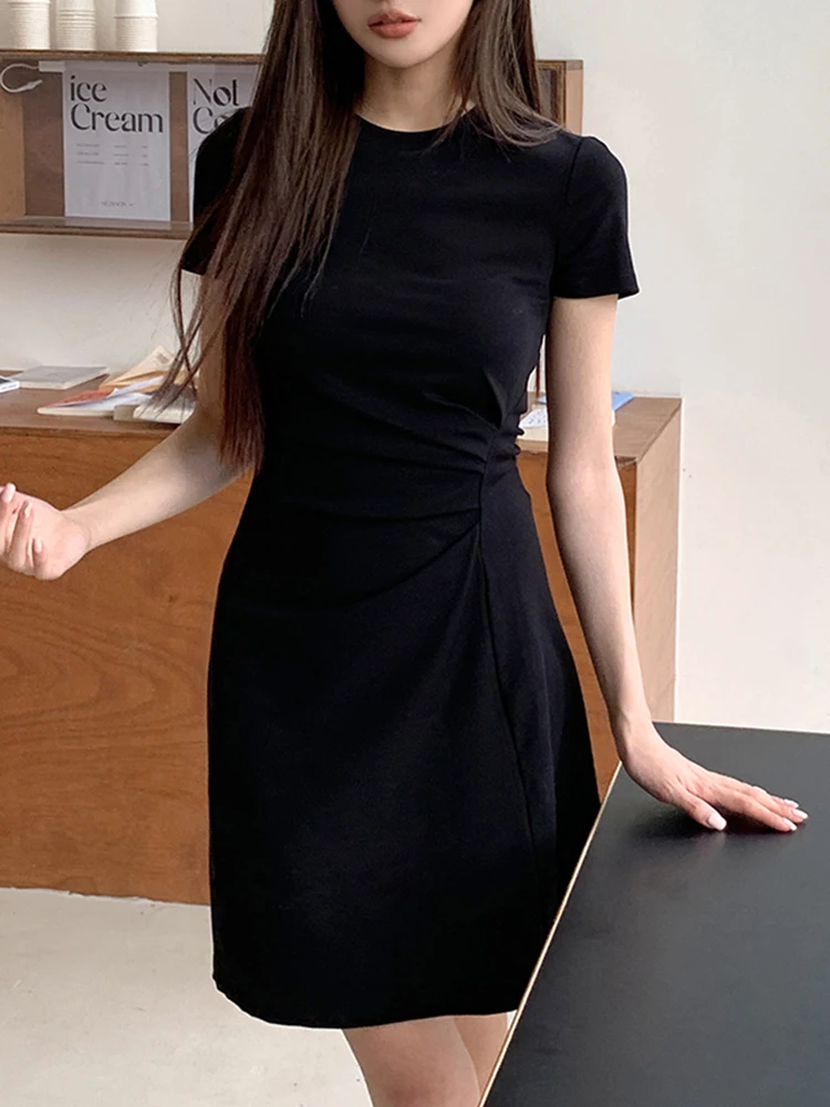 

Summer Classic Black Chic Slim Waist Casual Dress for Women New O-neck Fashion Office Ladies Pure Color Simple Female Mini Dress