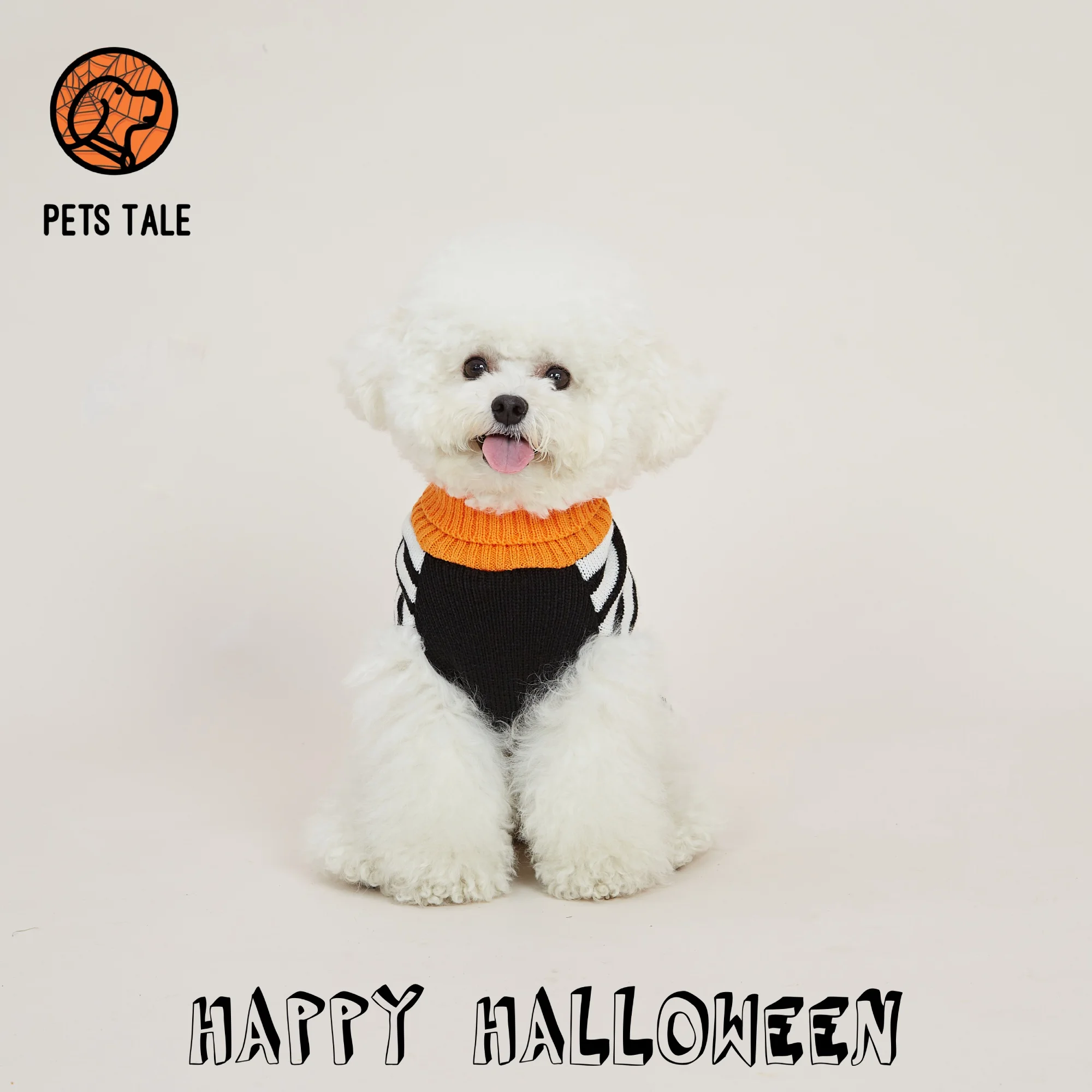 Halloween Pumpkin Ghost Face Striped Dog Sweater with Leash Hole Design