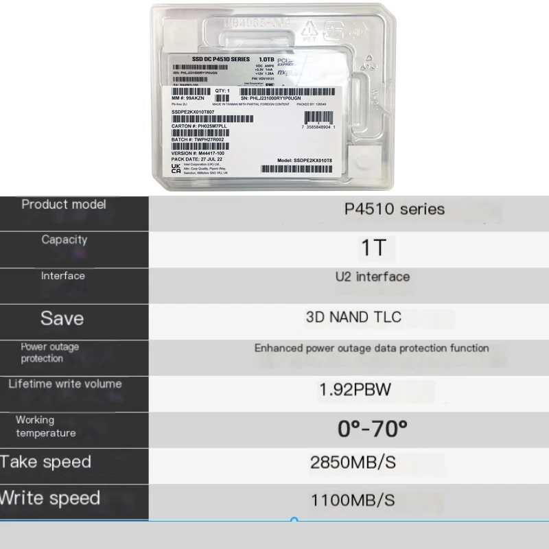 Unidade de estado sólido para Intel, P4510, 1TB, SSDPE2KX010T8, U.2 NVMe, nuvem de gravação, servidor, empresa, SSD, 1t