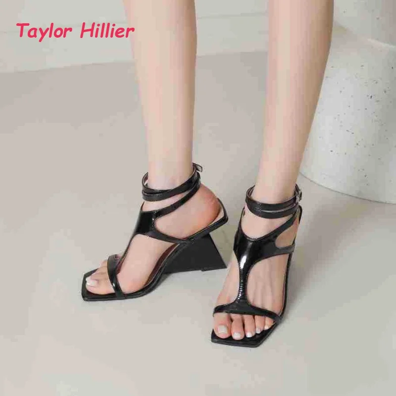 Caged Patent Leather Wedge Sandals Women Chic Square Toe Ankle Buckle Heels Ladies Classy Cutout T-Strap Shoes 2026 New