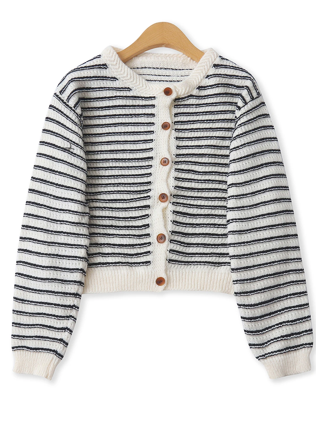 

Модный полосатый вязаный свитер, осенний новый женский универсальный утягивающий открытый кардиган на одной пуговице, круглый длинный S...