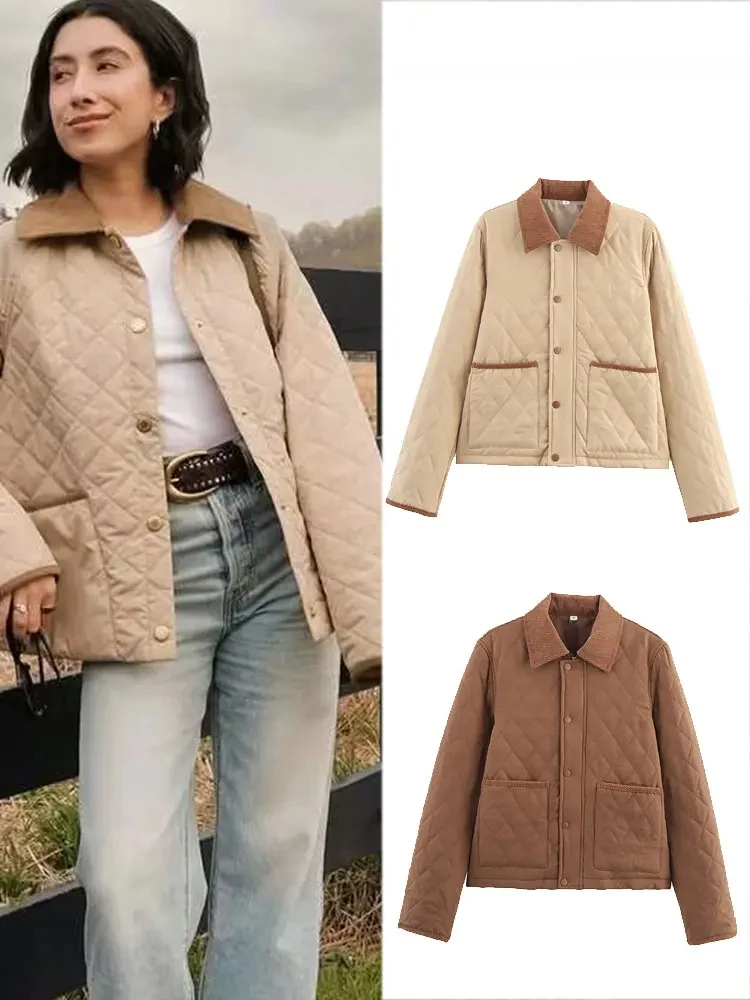 

HH Winter Women's Fashion Contrasting Color Diamond Pattern Casual Jacket Retro Button-twined Loose Coat Women's Streetwear