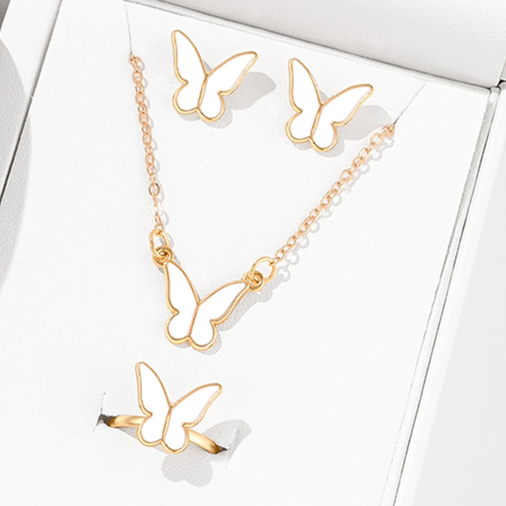 5 Piece Set Of White Butterfly Design Fashionable And Exquisite Temperament Necklace Earring Ring And Bracelet Combination Set