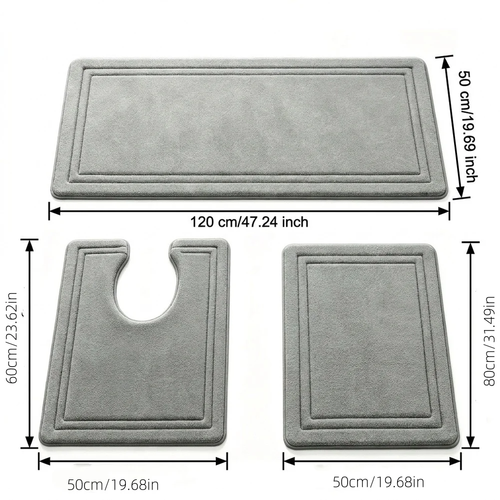 Three Piece Slip Toilet Entrance Mat Set Dark Gray Fabric Bathroom Floor Rugs Non Skid For Washable Bath Shower Door Mats Decor