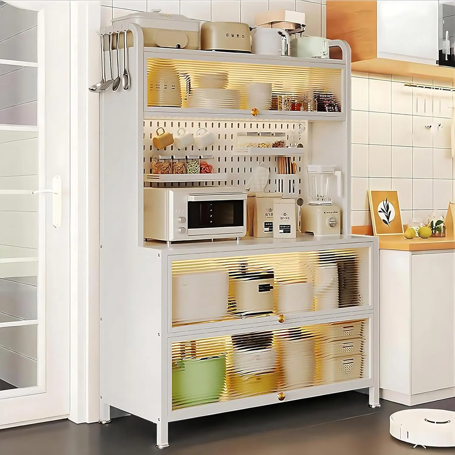 5 Tier Kitchen Bakers Rack with Flip Door Cabinet, Multifunctional Microwave Stand Buffet, Coffee Bar, Kitchen Pantry Storage Ca