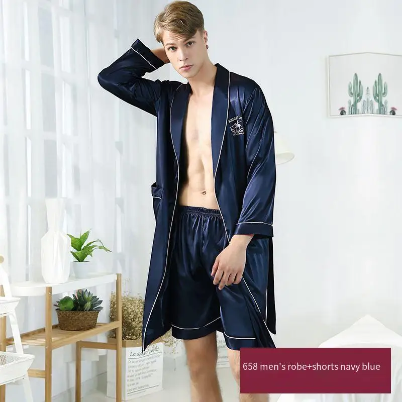 Men's ice silk pajamas summer cool robe shorts suit home clothes view 4