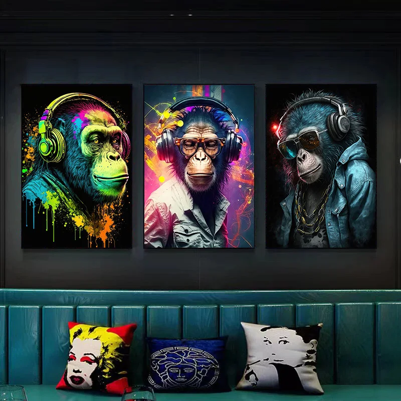 Abstract Street Graffiti DJ Monkey Wearing Headphones Cool Gorilla Poster Canvas Painting Wall Art Pictures Home Room Decor