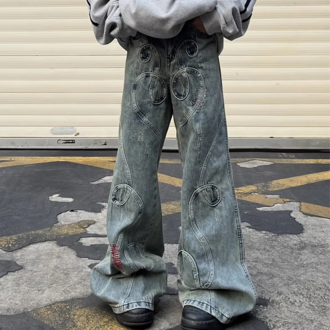 

Heavy Embroidery Patchwork Retro Distred Micro Flared Denim Pants Wide Leg Long Trousers Autumn Winter plus Size Men's Jeans