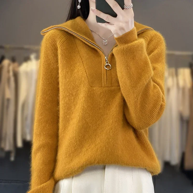 

Women's 100% Pure Mink Cashmere Sweater, High Collar Thick Cardigan, Warm, Casual, Knitted, Large Size, Zipper Tops, Autumn, Win