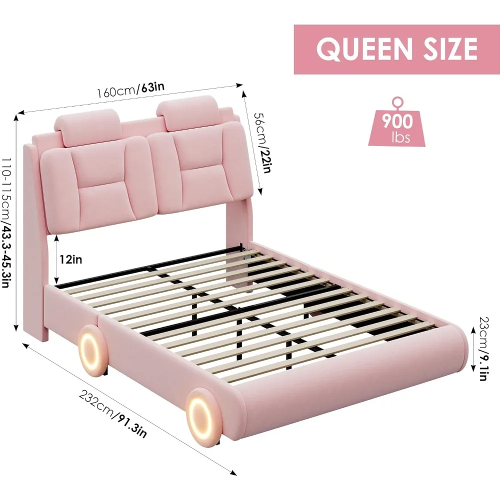 Queen Upholstered Led Bed Frame with Wheels Decor & Adjustable Curved Headboard Modern Car-Shaped Platform Bed with Detachable