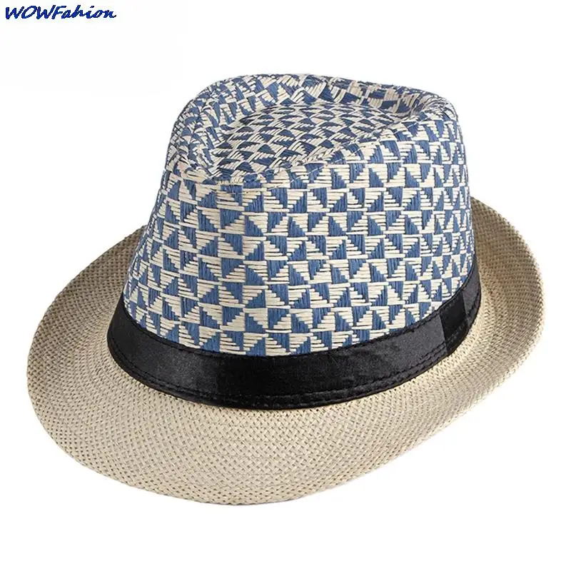 Wowfashion Men Black Ribbon Straw Fedora Hat Summer Outdoor Sunhat Breathable Beach Weave Color Block Jazz Hat