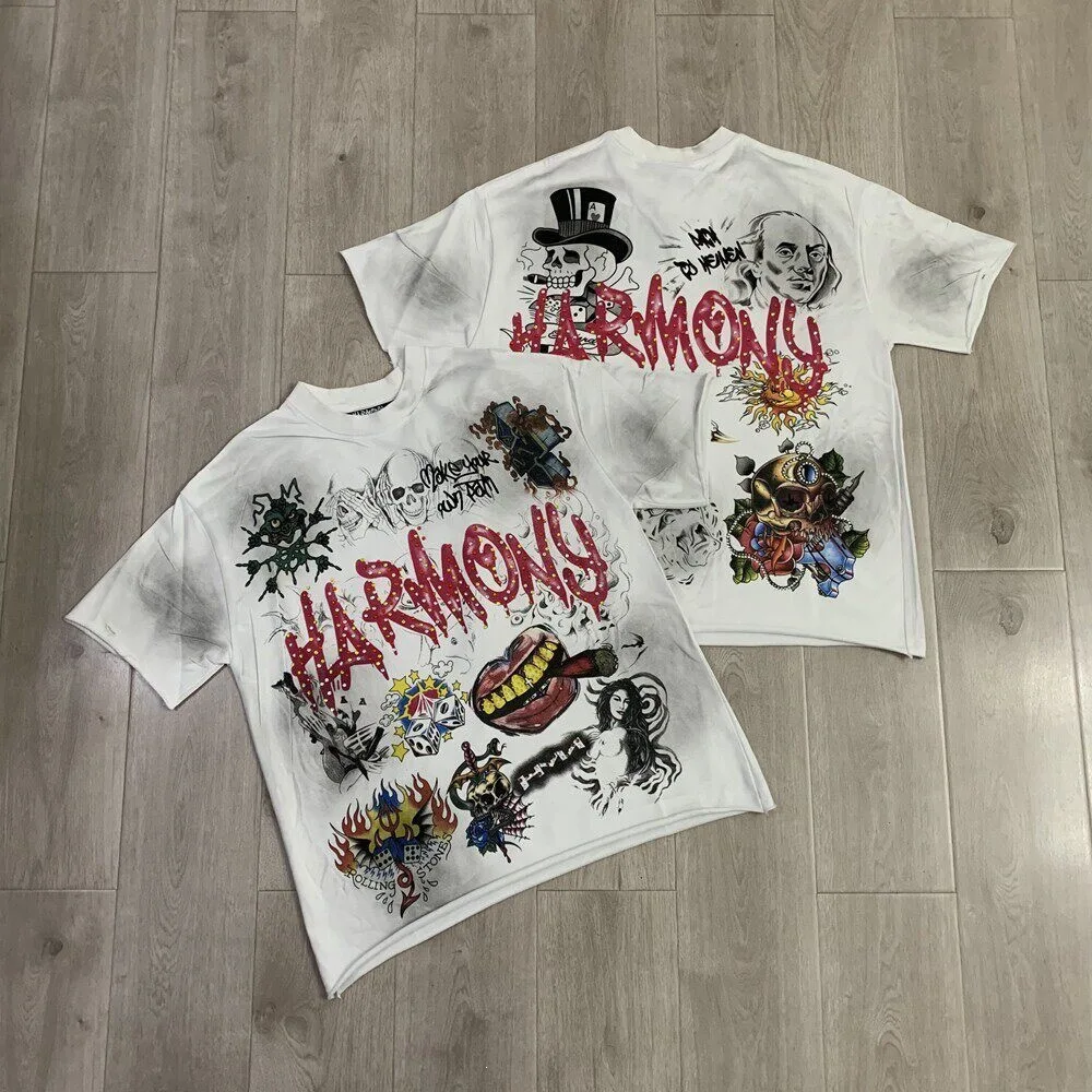 Harmony Retro Letterprint Beaded Summer Trendy Street-Loungewear Loose-Fitting Casual Short-Sleeved T-Shirt