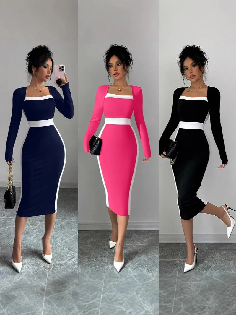 

Summer Women's Clothing Slim Fit Long Sleeve Dress For High Waist Square Neck Knit Polyester Midi Robe