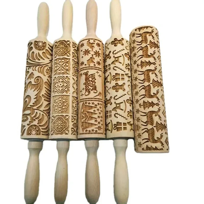 

Christmas Rolling Pins Rock Snowflake Elk Wooden Rolling Embossing Baking Cookies Biscuit Cake Patterned Roller 35*5cm