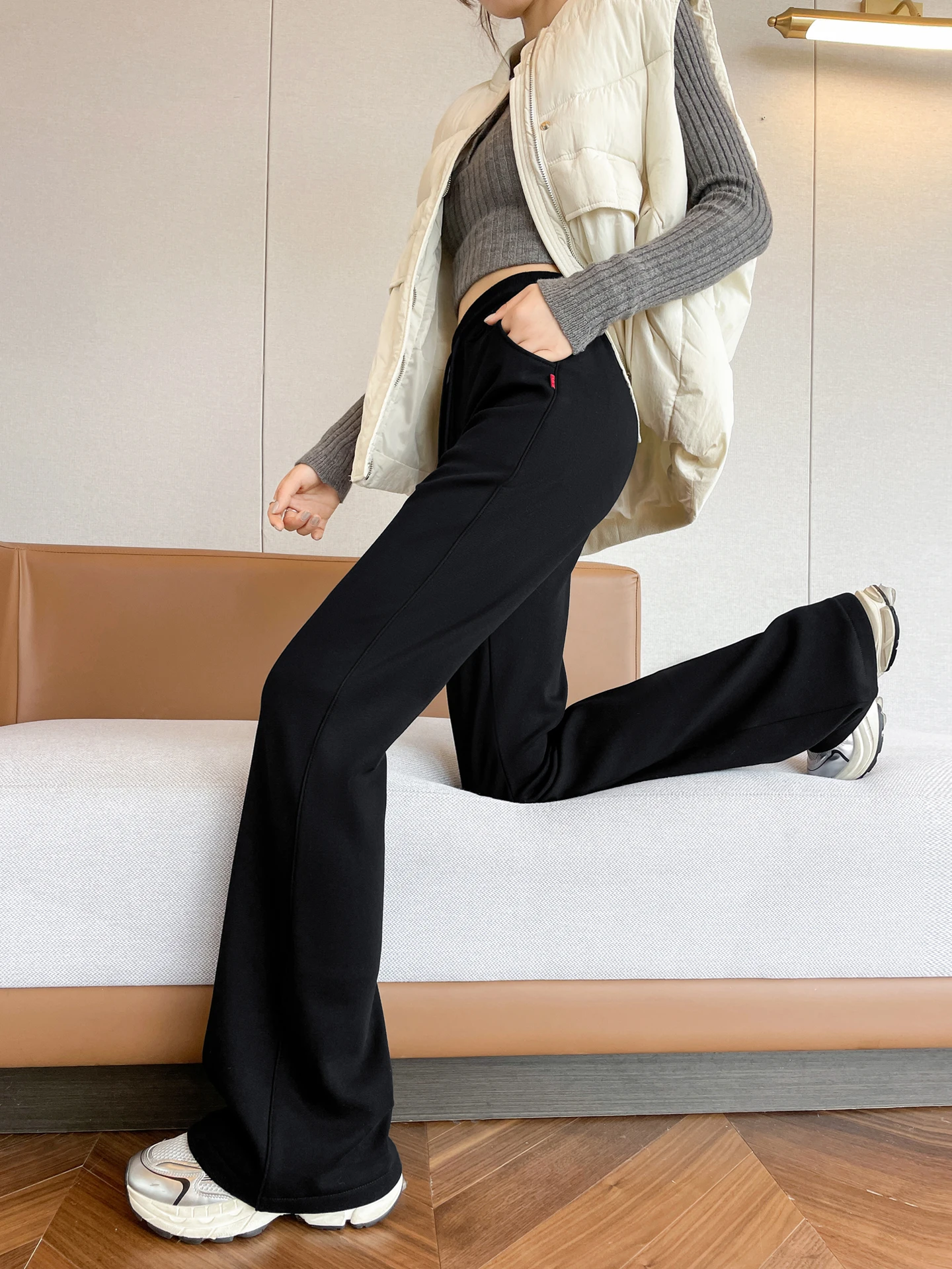 Pantalon évasé à taille haute doublé pour femmes, pantalon de yoga, pantalon bootcut, pantalon décontracté à taille haute, mélange de coton confortable