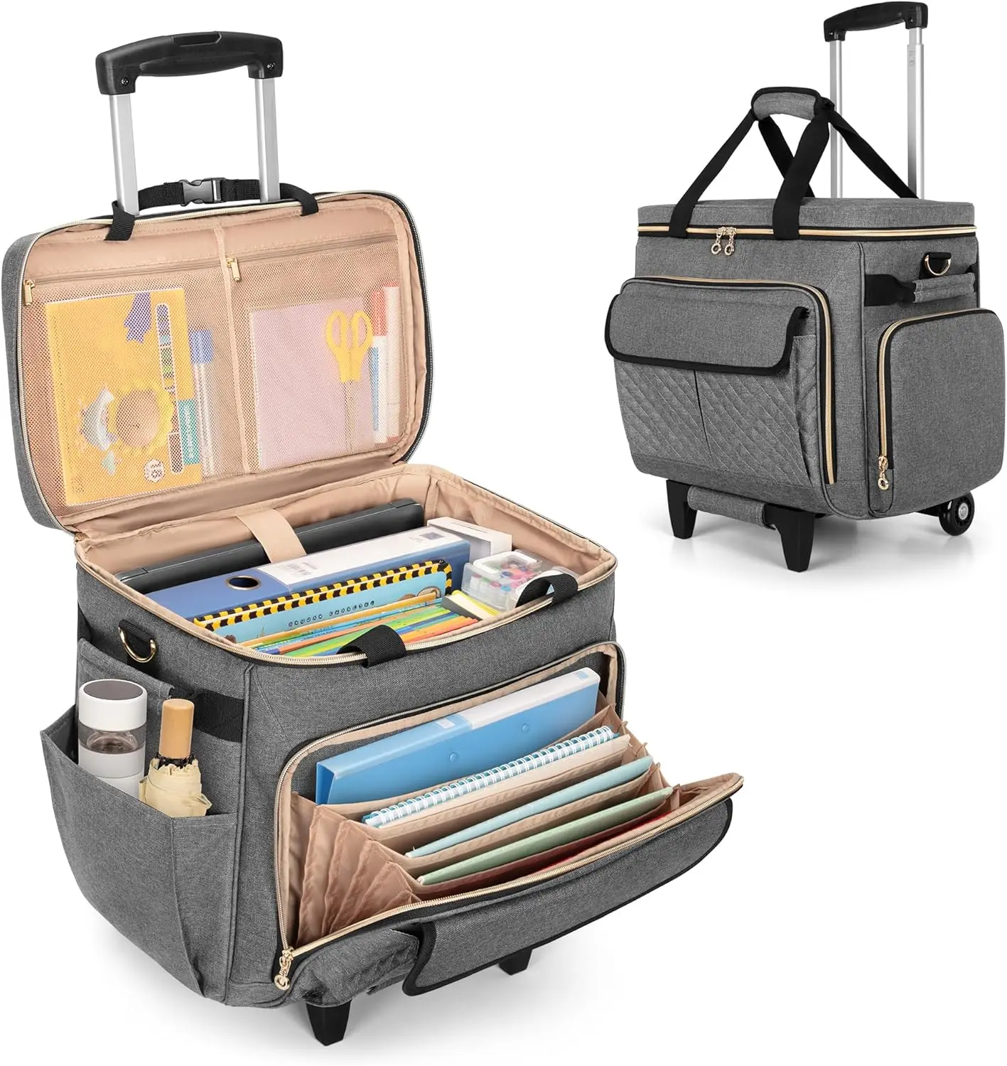 

Multifunctional Rolling Teacher Bag with Laptop Compartment, Detachable Dolly, and Accordion File Area in Gray