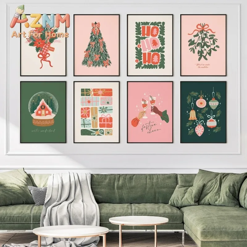 Modern Christmas Gallery Wall Prints Xmas Tree Gift Bauble Floral Festive Poster Unframed Canvas Wall Art for Holiday Home Decor