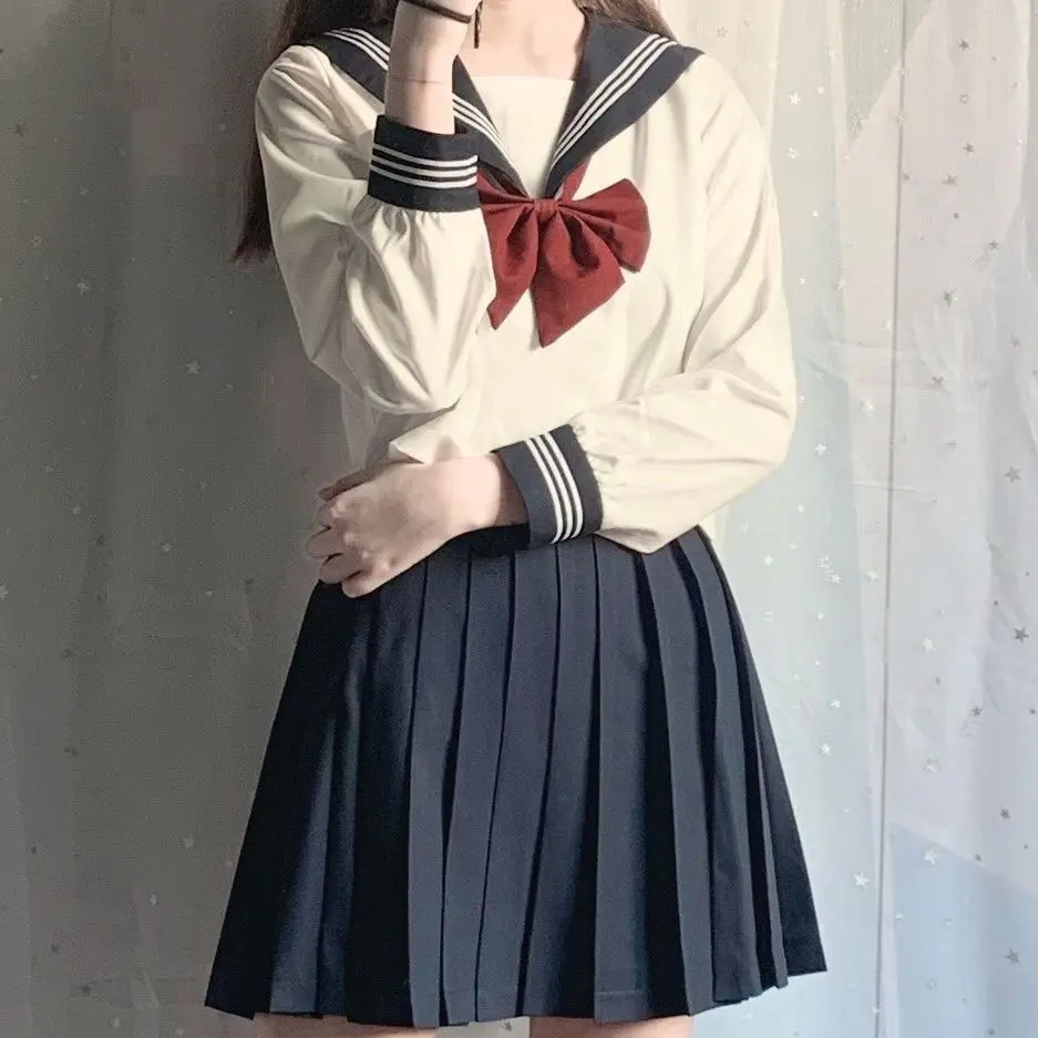 Japanese Jk Uniform Girl Suit Sexy Spring And Autumn Red Tie White Three Basic Sailor Uniform Women Long Sleeve School Uniform