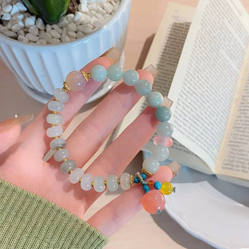 New Style Natural Stone Amazonite Jade Pink Crystal Women's Beaded Bracelet Agate Peach Pendant Bangles Accessories Gift YBR1250