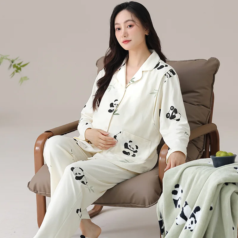 Maternity Pajamas for Pregnant And Postpartum Women Nightwear with Chest Pads Long Sleeved Autumn Winter Delivery Wear Nightwear