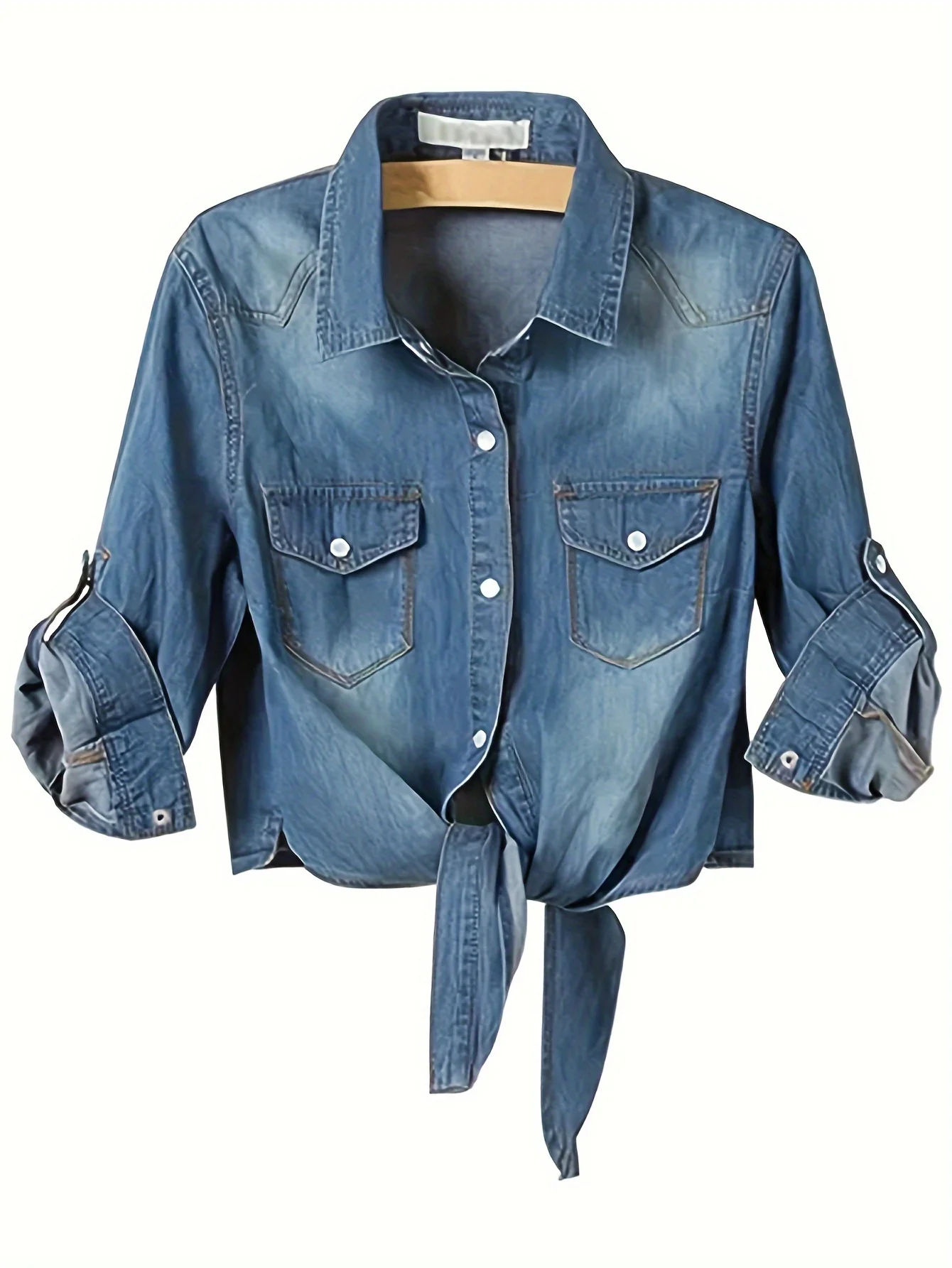 Women's Roll Up 3/4 Sleeve Tie Front Knot Shirt Chambray Denim Crop Top