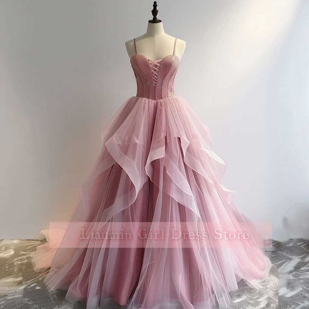 New Custom Pink Tulle Spaghetti Straps Full Length Lace Up Back Formal Prom Evening Dress Brithday Homecoming Clothing  W9-2