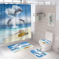 Dolphin Print Shower Curtain Modern Marine Life Bath Curtain High Quality Carpet Toilet Rugs Waterproof Bath Mat Set Bathroom