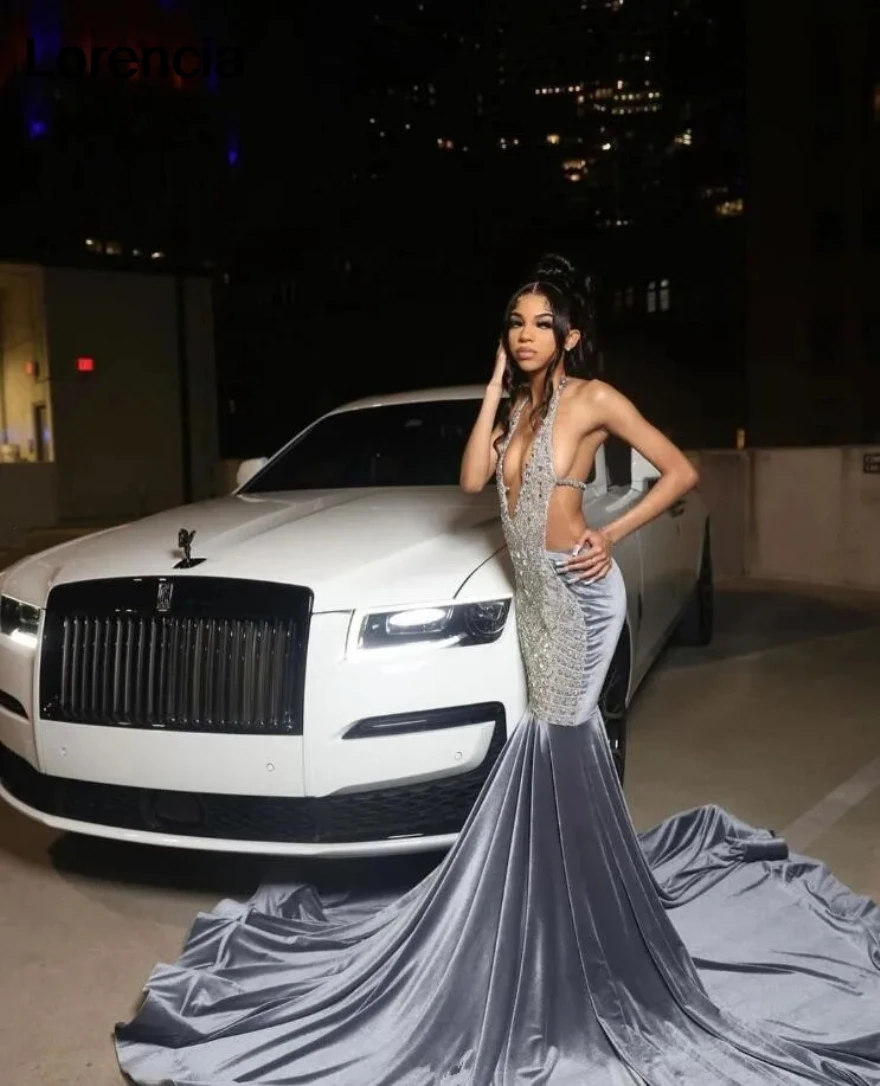 Customized Sparkly Silver Grey Prom Pageant Party Dress for Black Girl 2025 Luxury Diamond Velvet Prom Birthday Gala Gown YPD192