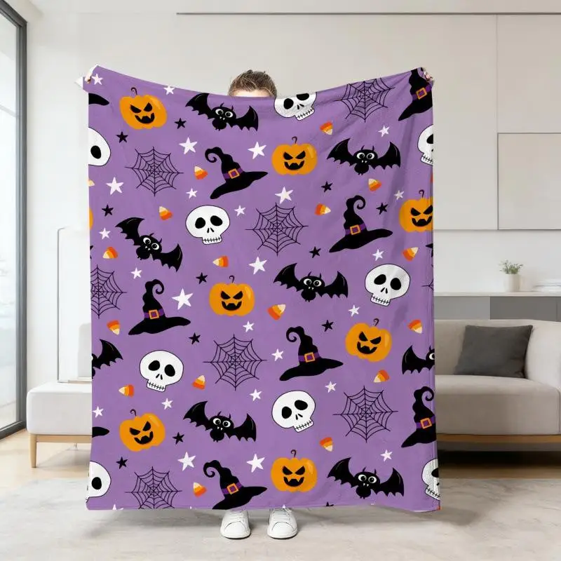Halloween-Orange-Deckenbezug mit Cartoon-Geister- und Totenkopf-Druck, Flanell-Schlafdecke, Sofabezüge, Multifunktionale Dekorative Decken – Detail 16
