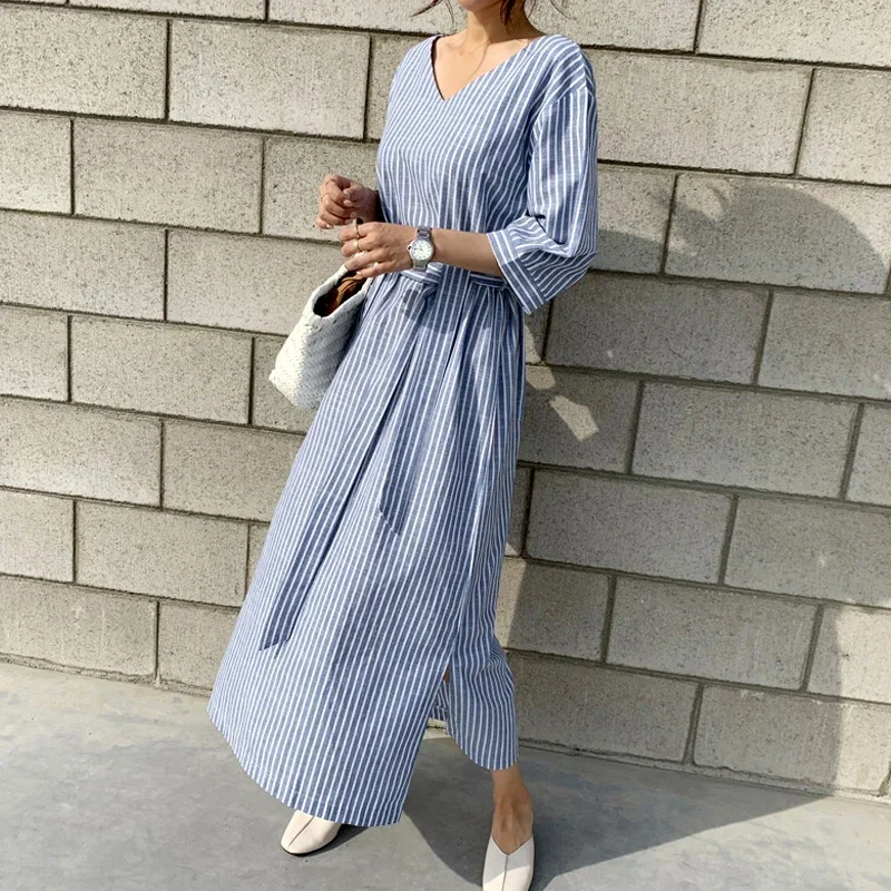 Women Dress Loose Lace Up Belt New Fashion 2022 Summer Casual V-neck Half Sleeve Striped Split Cotton and Linen Long Dress 9679