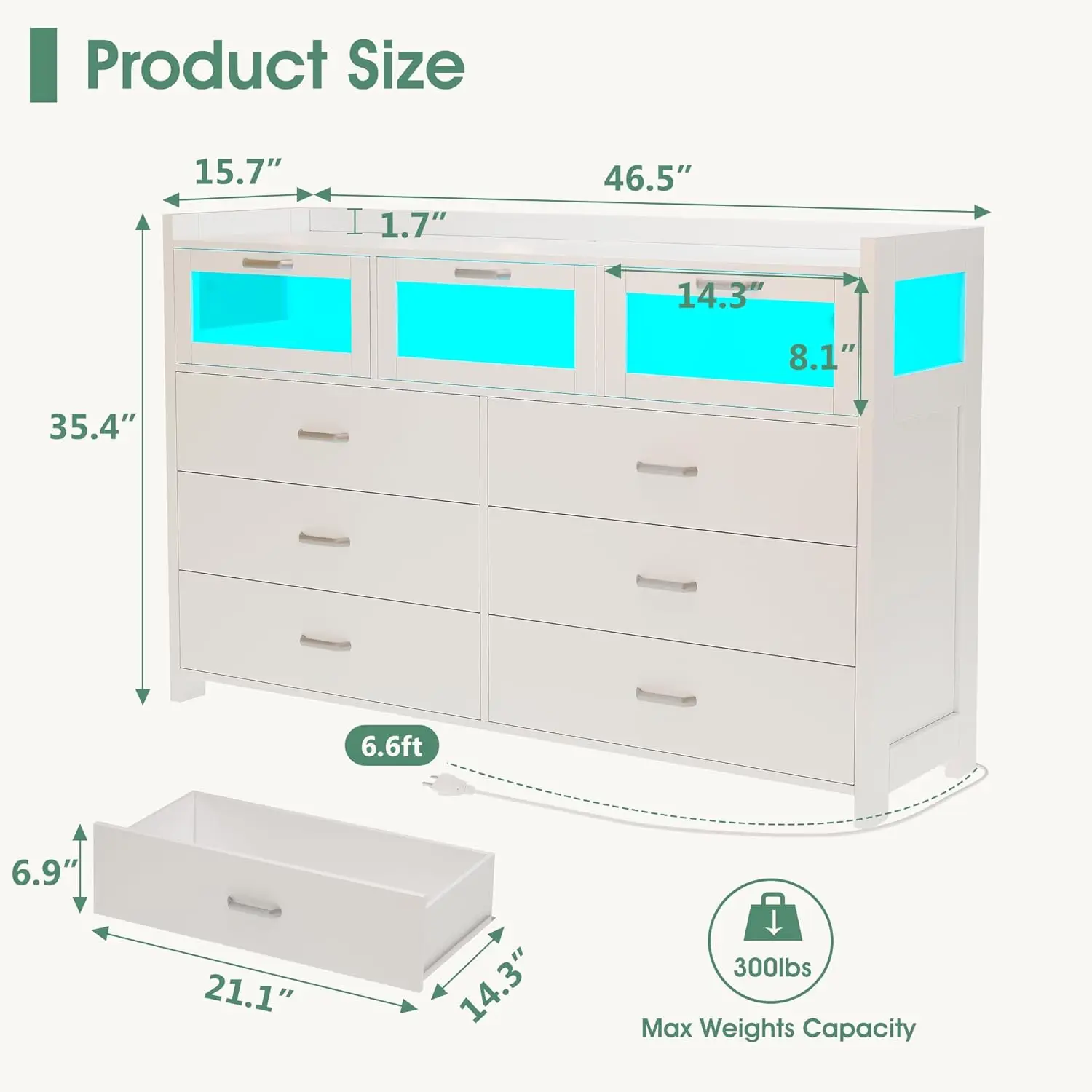 White Dresser for Bedroom,9 Drawers Dresser with LED Lights and Charging Station,Chest of Dresser Bedroom with 3 Visual Drawers,