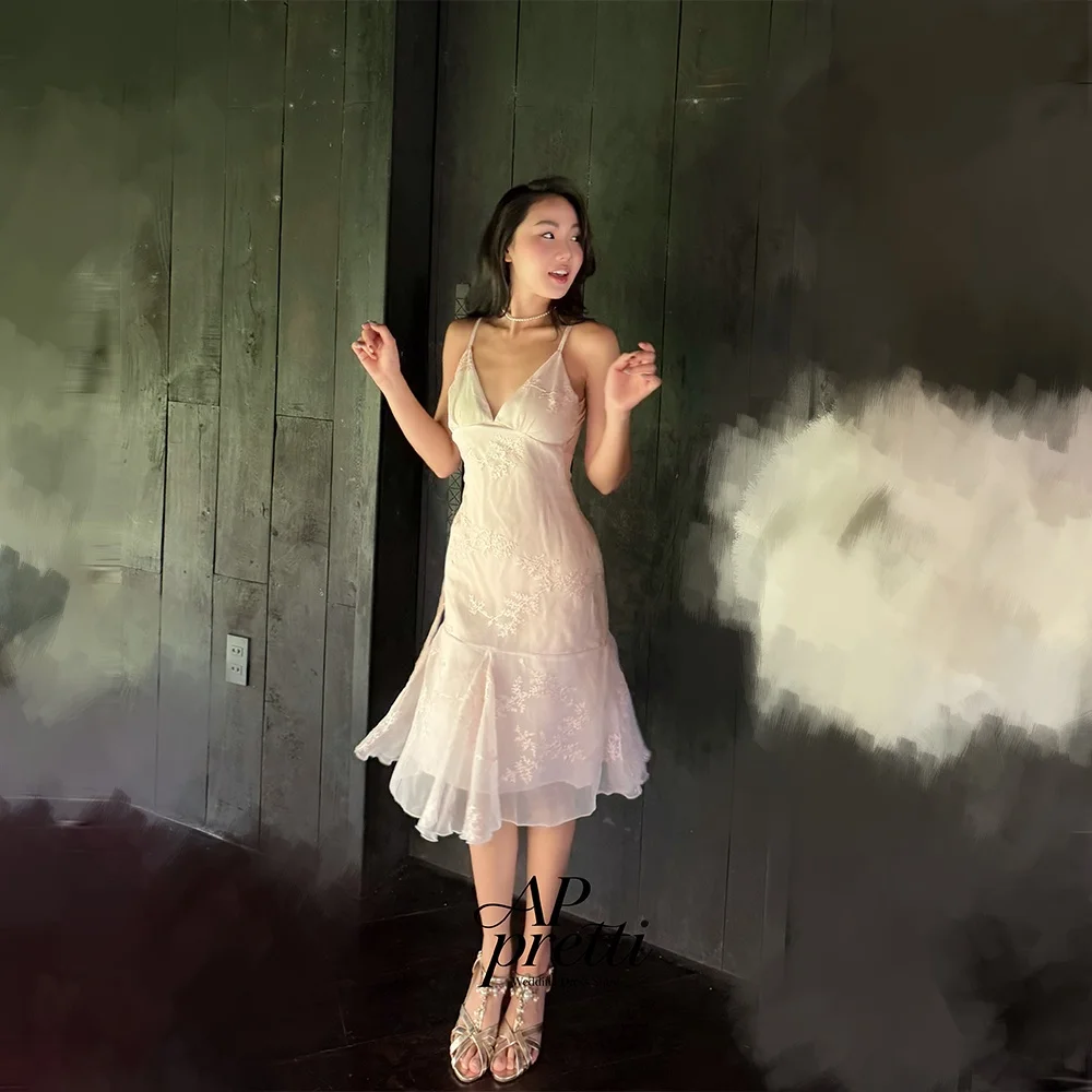AP Pretti Lovely Tulle Korea Wedding Dress Photo Shoot Sweetheart Customized Knee-Length Spaghetti Strap Bridal Gown 웨딩드레스