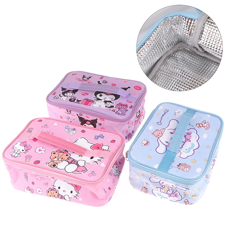 Cute Sanrio Kuromi Lunch Bag Cartoon My Melody Cinnmoroll Double-layer Travel Thermal Breakfast Box Tote Food Bag di grande capacità