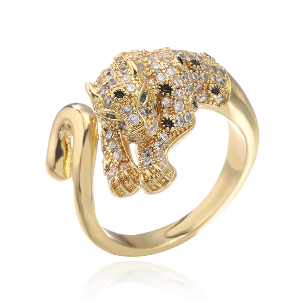 Women's Gold Color Zircon Leopard Open Ring, Statement Piece