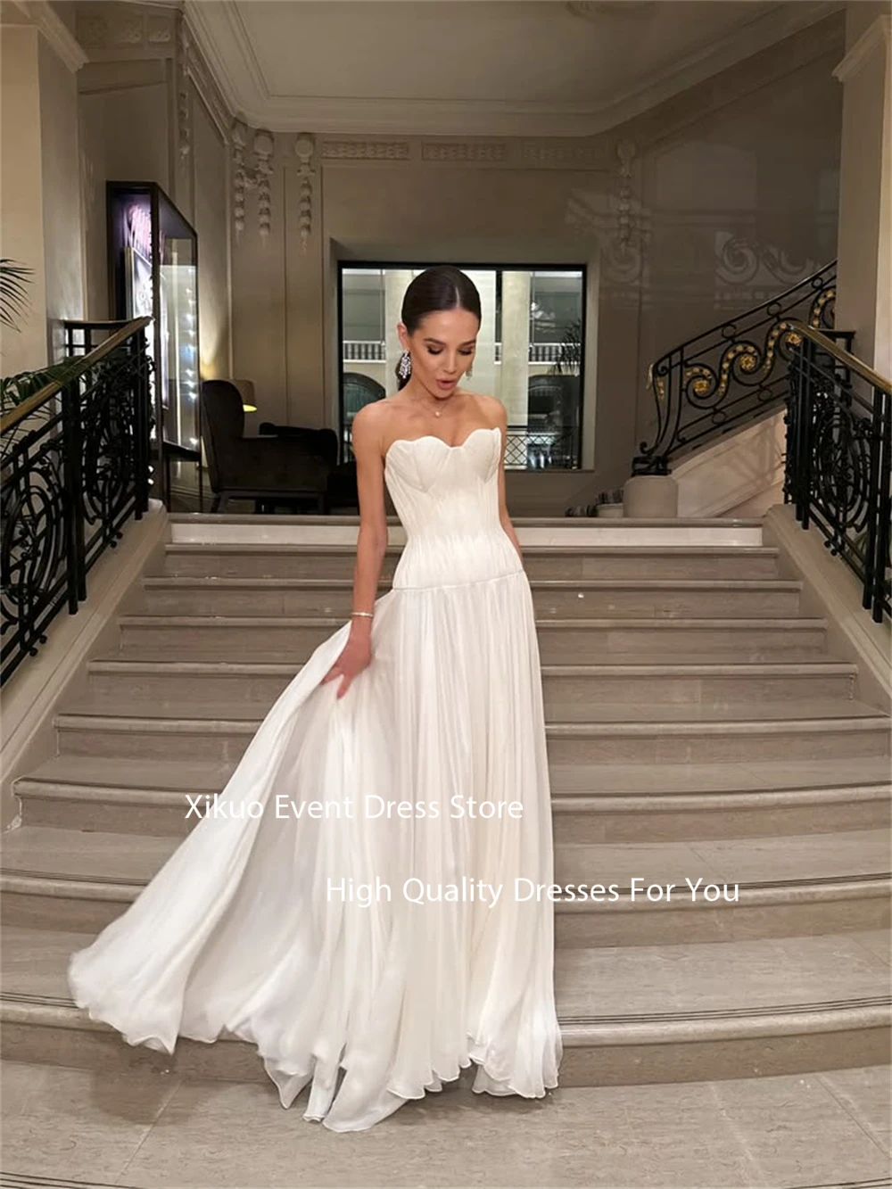 Xikuo querida uma linha vestido de casamento flowy chiffon vestido de noiva plissado sem mangas árabe saudita vestidos de novia personalizado