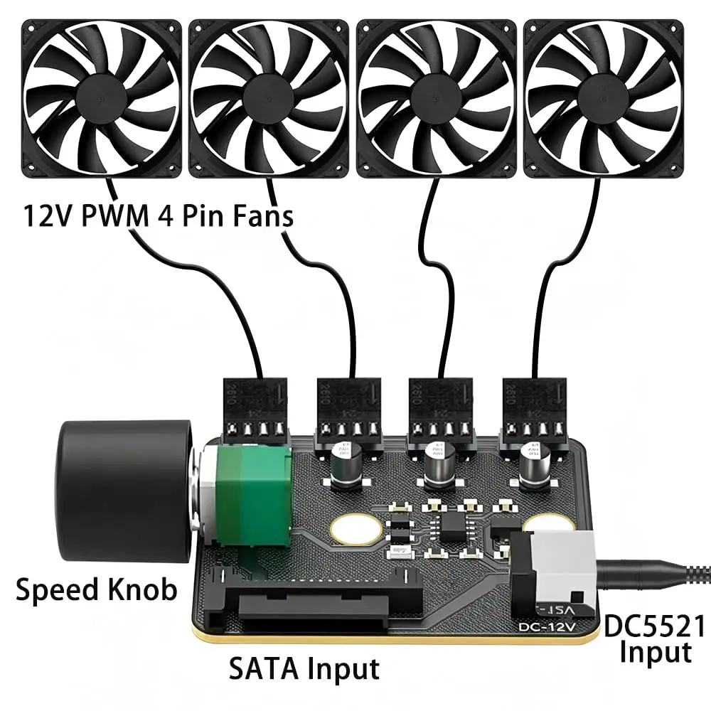 RGEEK 4 Channel PWM Cooling Fan Hub 4Pin Header 12V SATA & DC 5521 Max 100W 4-Way Speed Controller For PC NAS Server