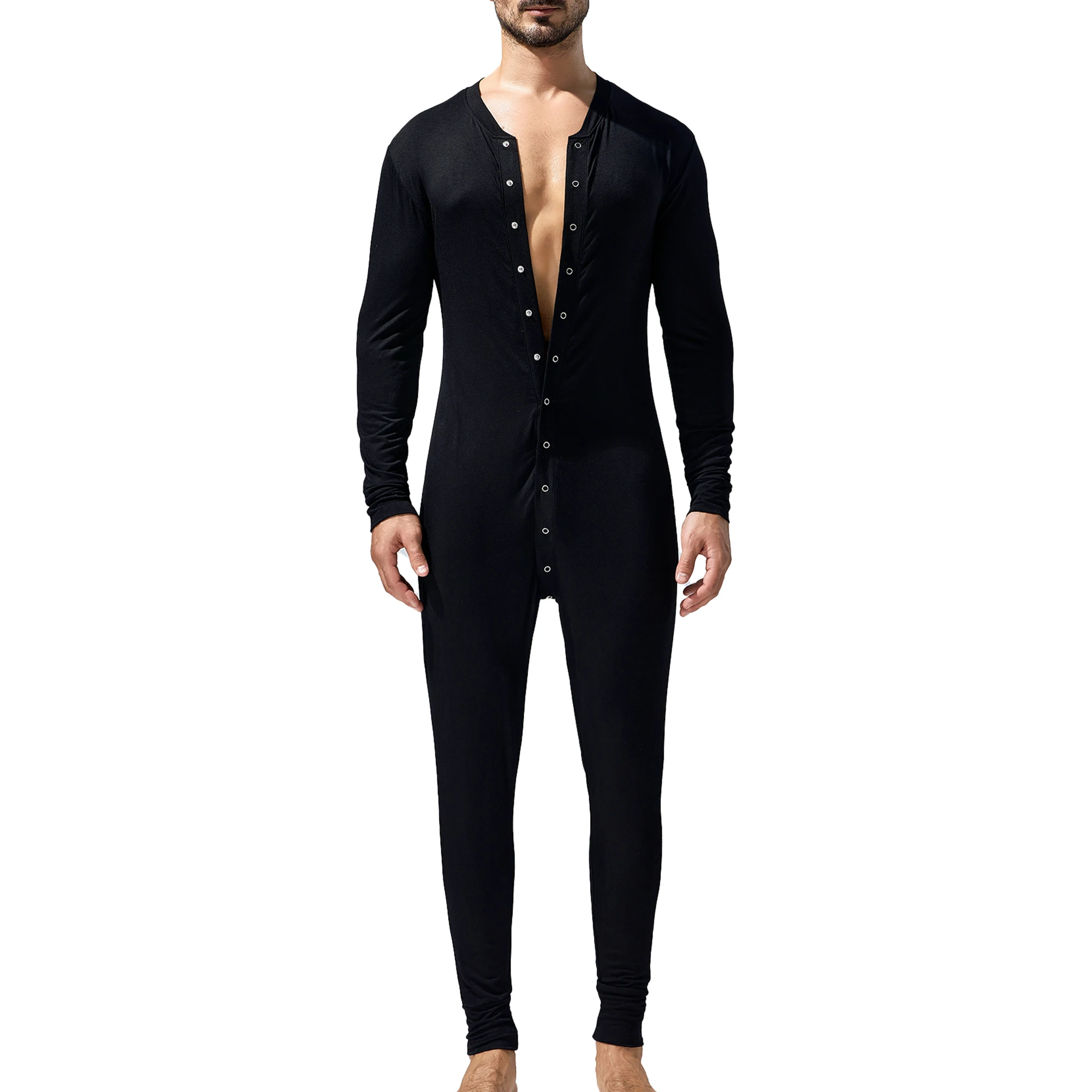 Solid Color Long Sleeve Pajamas Jumpsuits Men Button Up Home Wear Comfortable Rompers Jumpsuit Tight-fitting Casual Sexy Pajamas