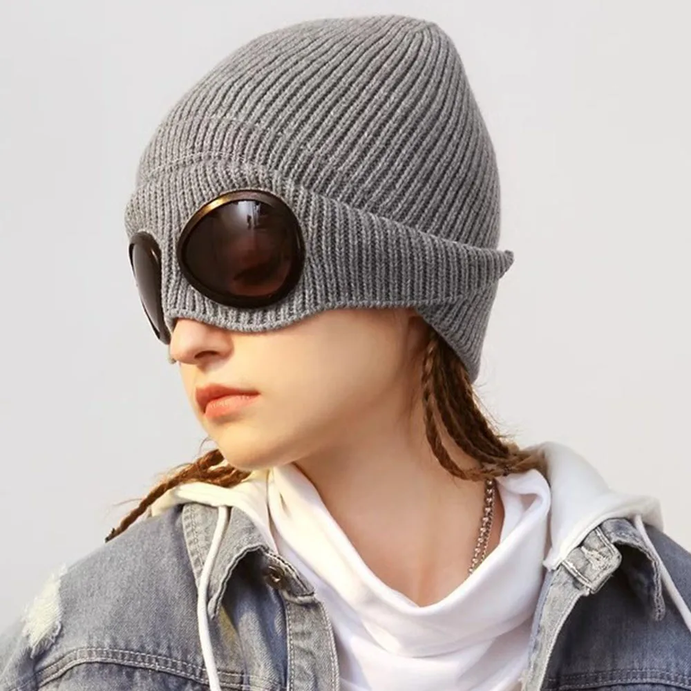 New Autumn Winter Men's and Women's Same Style Pilot Knitted Warm Hat INS Trendy Sunglasses Yarn Hat UV400