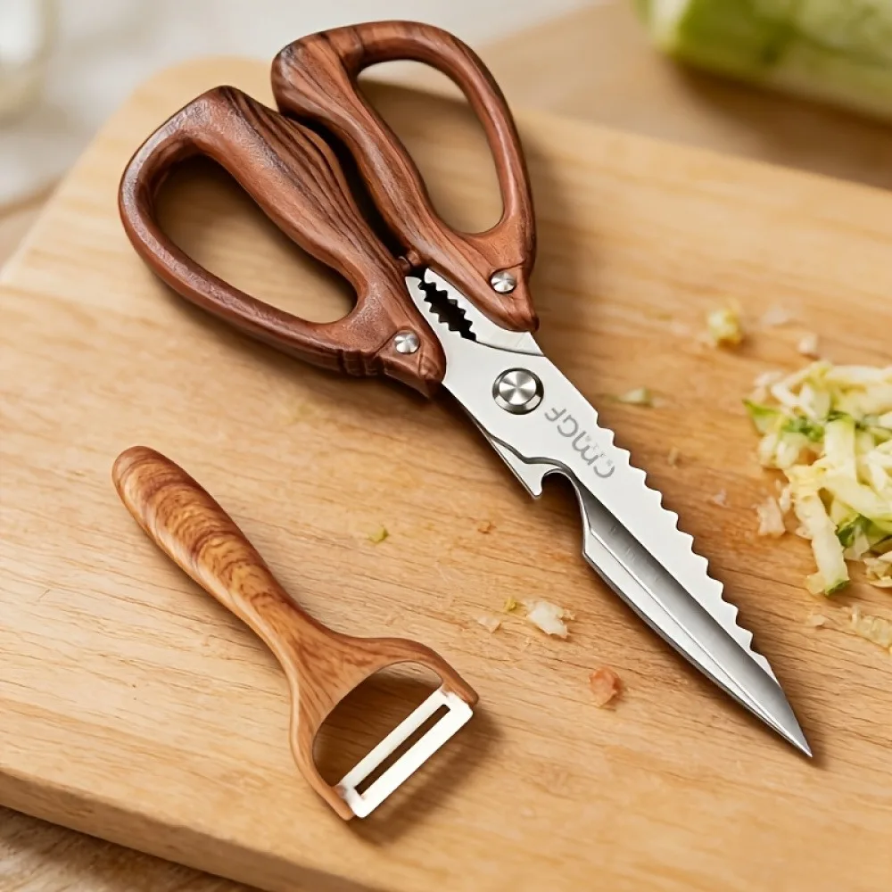 Chicken Shears Imitation Wooden Handle Anti Slip Powerful Kitchen Clipper, Stainless Steel Sharp Blade, Cutting Chicken, Duck