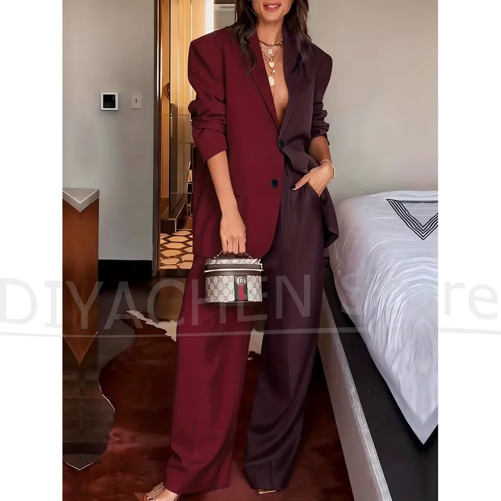 

Colour Matching Women's Suit Two Tone Blazer and Wide Leg Pants Set Single Breasted Notch Lapel Party Prom Daily Casual Outfit